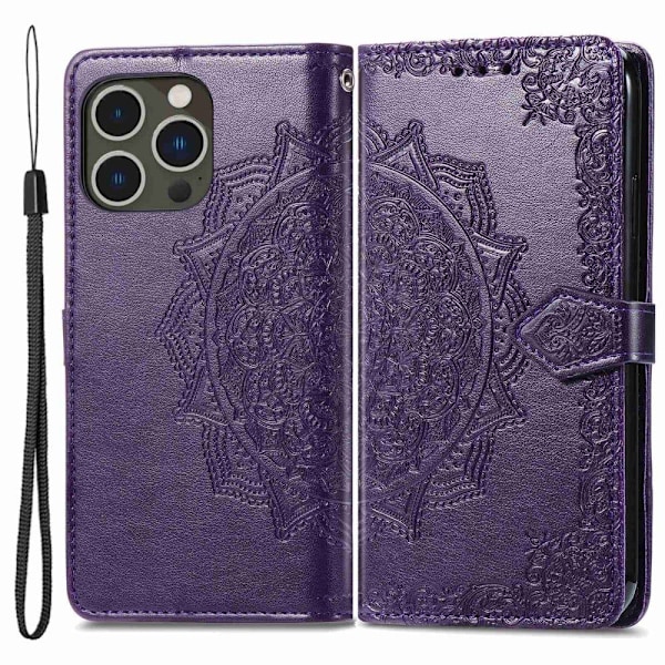 Mandala läder iPhone 14 Pro fodral - Lila Lila