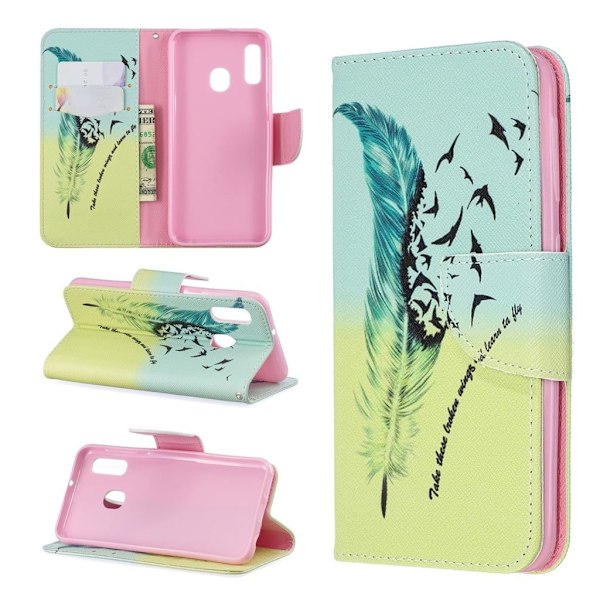 Wonderland Samsung Galaxy A20e etui - Fjermønster Multicolor