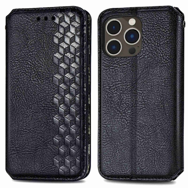Läder iPhone 14 Pro Max fodral med romb-design - Svart Svart