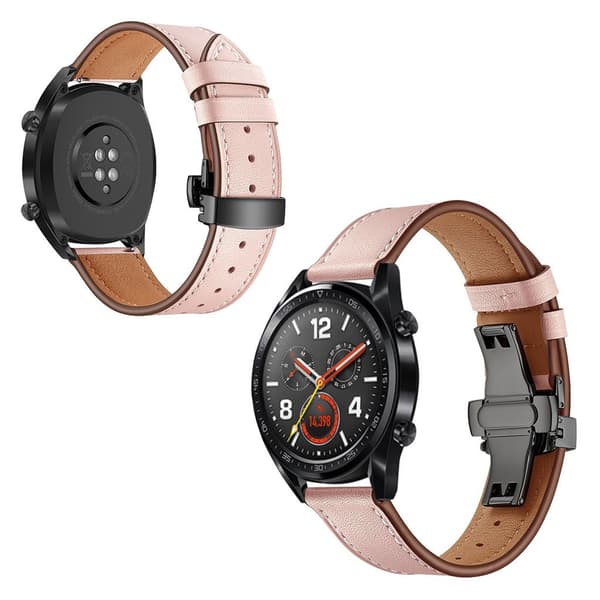 Huawei Watch GT / 2 / Watch Magic ægte læder Urrem - Sort / Pink Pink