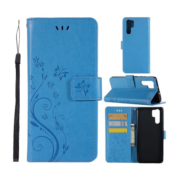 Huawei P30 Pro sommerfugle- og blomstertryk læder flip etui - Blå Blue