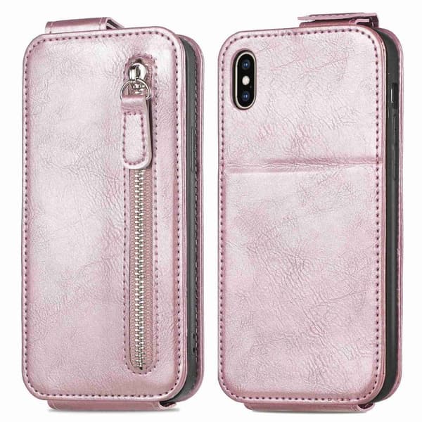 Vertical Flip Phone Etui med Zipper til iPhone Xs Max - Rose Gull Pink