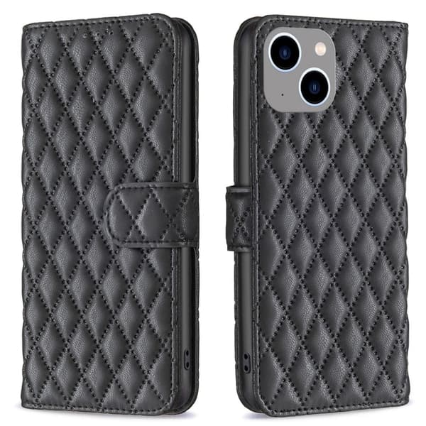 Rombemønster, matt flip-deksel for iPhone 15 Plus - Svart Black