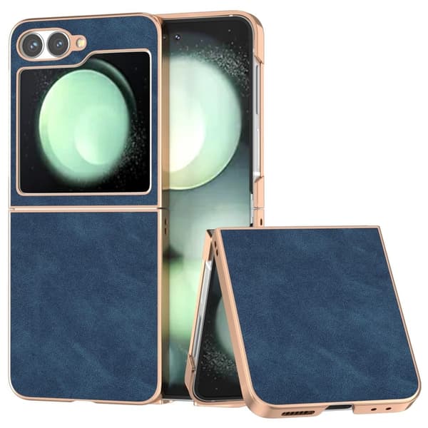 Samsung Galaxy Z Flip6 5G Case Electroplating Vegan Leather Shockproof Phone Cover - Blue Blue