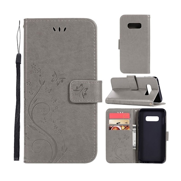 Samsung Galaxy S10 Plus sommerfugle- og blomstertryk læder flip etui - Grå Silver grey