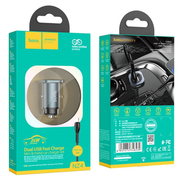 NZ4 Wise road dual port car charger set (Lightning) - Metalgrå Silver grey