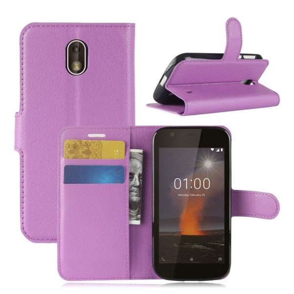 Nokia 1 litchi tekstur PU læder flip etui - Lilla Purple