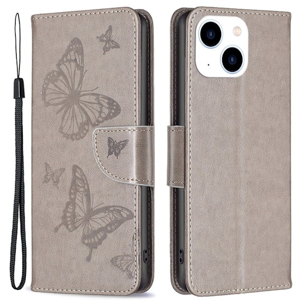 Butterfly läder iPhone 14 fodral - Silver/Grå Silvergrå