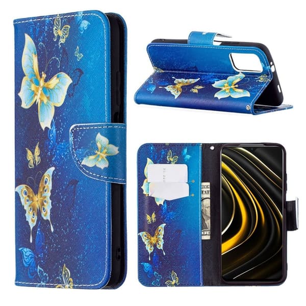 Wonderland Xiaomi Poco M3 Flip etui - Gylden sommerfugl Blue
