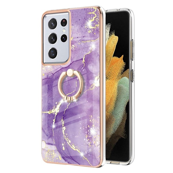 Marble Patterned Suojakuori With Ring Holder For Samsung Galaxy S21 Ultra 5G - Vihreä And Keltainen Marble Haze Purple