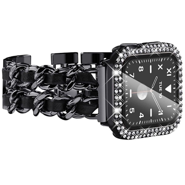 Apple Watch Series 3/2/1 42mm elegant rustfrit stål med rhinestone-cover - Sort / Sort Læder Black