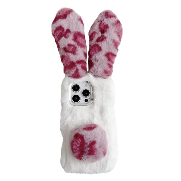 iPhone 16 Pro Max Fodral Fluffy Leopard Splicing Bunny Plysch Flexibelt Telefonskal - Rosa Rosa