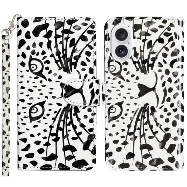 iPhone 16 Plus Etui 3D Mønster Trykt Læder Tegnebog Telefon Cover Stand Bookstyle - Leopard-Hoved Black