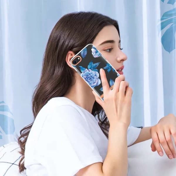 iPhone SE (2022)/SE (2020)/8/7 4,7 tommer YB IMD-8 Series Flower Pattern Design Phone Case Electroplating IMD Soft Flexible Scratch-Resistant Cover - Blue