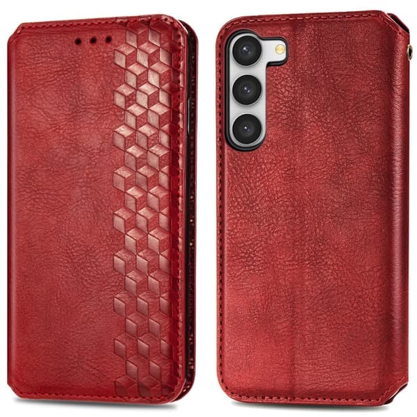 Læder Etui med A Stilfuldt Rhombus Tryk til Samsung Galaxy S23 Plus - Rød Red