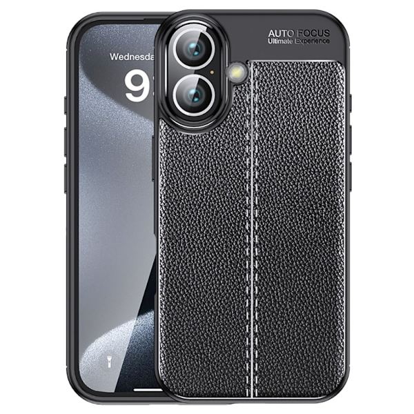 iPhone 16 Plus Etui Litchi Texture Fleksibel bagside Telefoncover - Sort Black