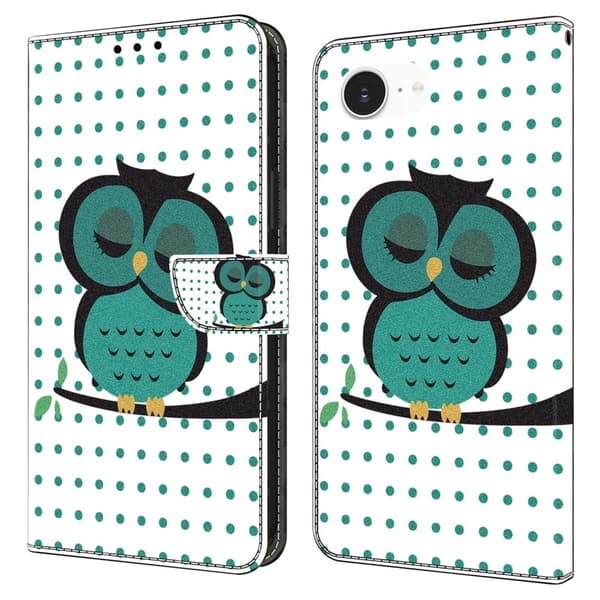 iPhone 16e Etui med magnetisk lås 3D-mønster Læderpung Telefoncover - Sovende Ugle Green