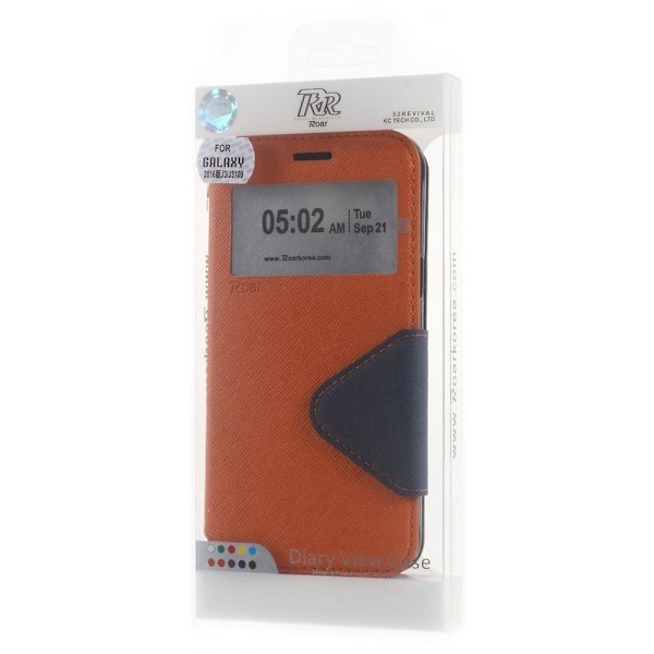 Roar Korea Samsung Galaxy J3 (2016) Keinonahka Kotelo Ikkunalla - Oranssi Orange