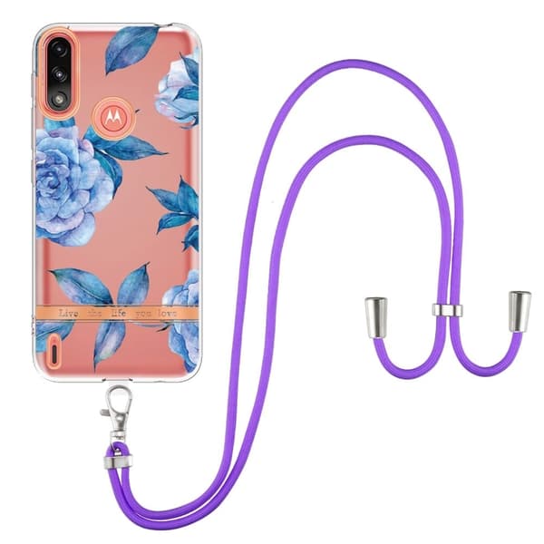 Slankt og holdbart softcover med lanyard til Motorola Moto E7i Power / E7 Power - Blå Pæon Blue