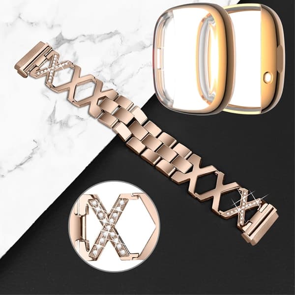 Fitbit Sense / Versa 3 X-formad strassdekor klockarmband med roséguldfodral - Guld Guld