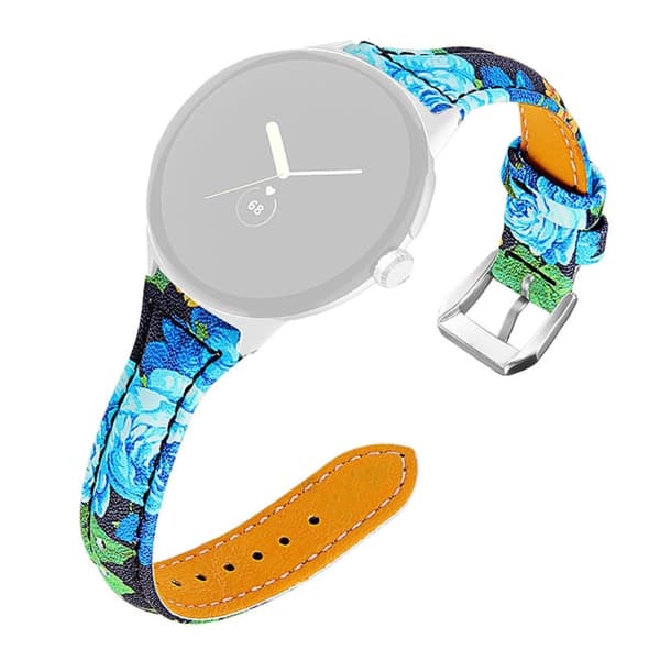 Google Pixel Watch blommigt klockarmband i äkta läder med silverfärgad kontakt - Blå Ros Blå