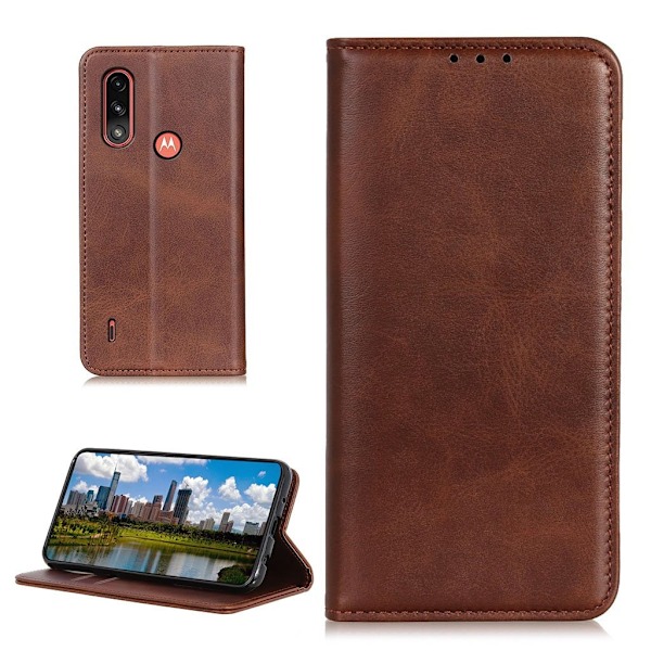 Wallet-style ægte Læder Flipcase til Motorola Moto E7 Power - Kaffe Brown