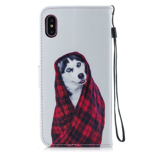iPhone Xs Max læder flip cover med mønsterprint - Hund Med Tørkl Multicolor