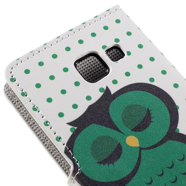 Moberg Læder-etui med kortholder og stå-funktion til Samsung Galaxy A3 SM-A310F (2016) - Sovende grøn ugle på gren Green