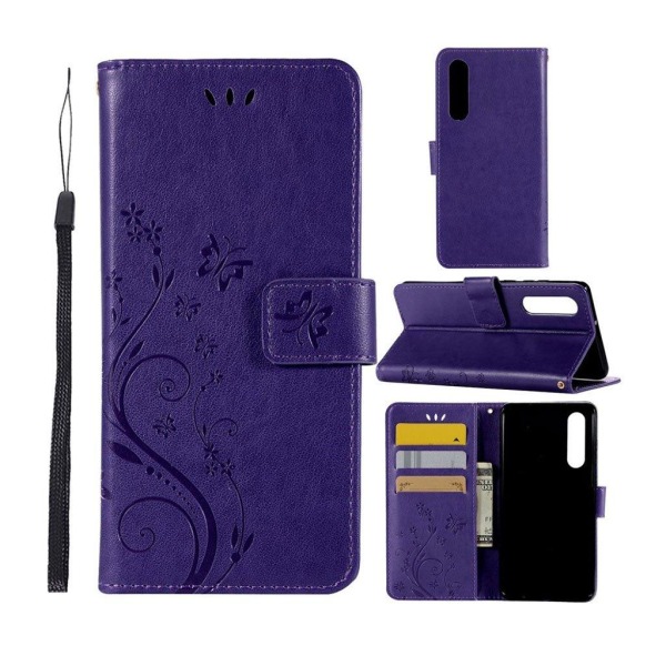 Huawei P30 sommerfugle- og blomstertryk læder flip etui - Lilla Purple