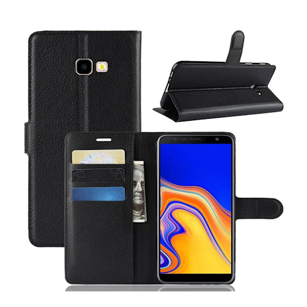Samsung Galaxy J4 Plus (2018) liitsihedelmä jyvä rakenne synteetti nahkainen lompakko suojakotelo - Musta Black