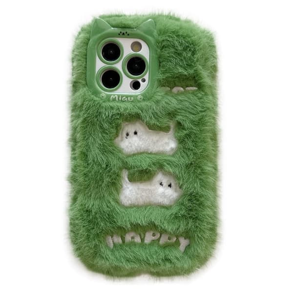 iPhone 16 Pro Max Etui Broderede hvide katte Fuzzy Winter Fleksibelt telefon cover - Grøn Green
