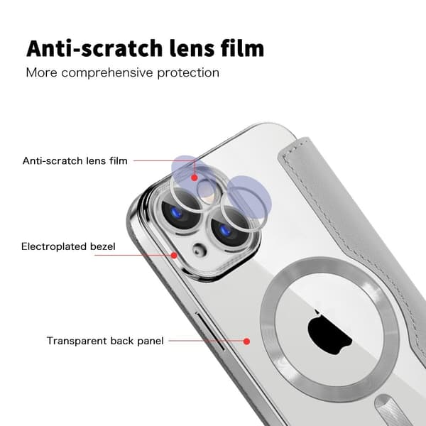 iPhone 15 Plus RFID-blokkerende lærveske med objektivfilm - Titangrått Silver grey