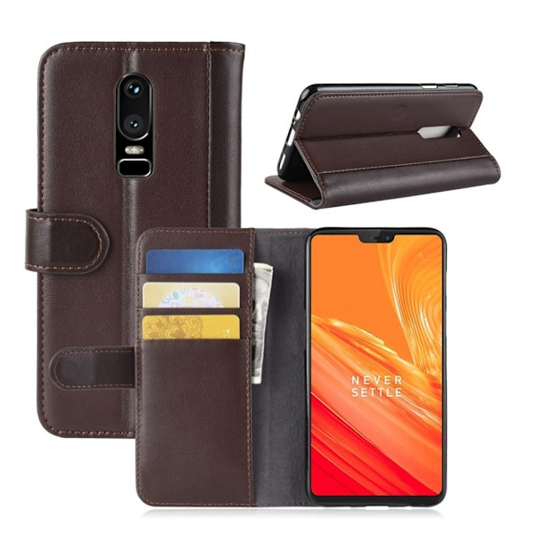 OnePlus 6 mobilskal genuin läder stående plånbok - Brun Brun