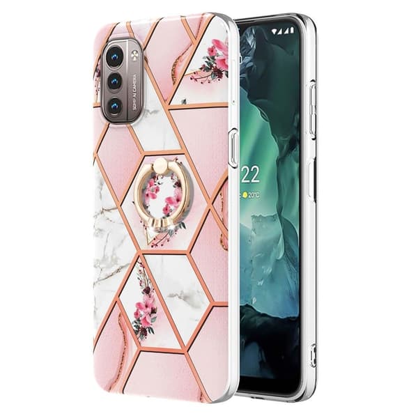 Marble Mønstret Cover med Ring Holder til Nokia G11 / G21 - Lyserøde Blomster Pink