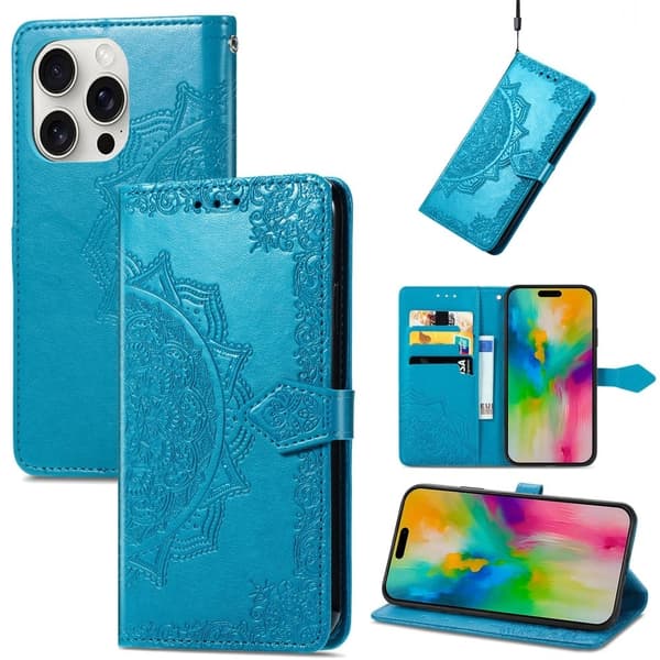 Mandala iPhone 16 Pro nahkakotelo - Sininen Blue