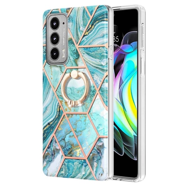 Marble Patterned Suojakuori With Ring Holder For Motorola Edge 20 - Sininen Blue