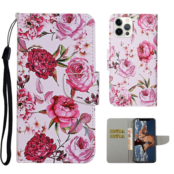 Mønstertryk læder telefon pung cover stativ taske med rem iPhone 13 Pro 6,1 tommer - Rose Pink