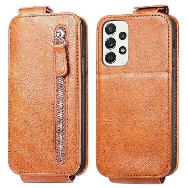 Vertical Flip Phone Suojakotelo With Zipper For Samsung Galaxy A73 - Ruskea Brown