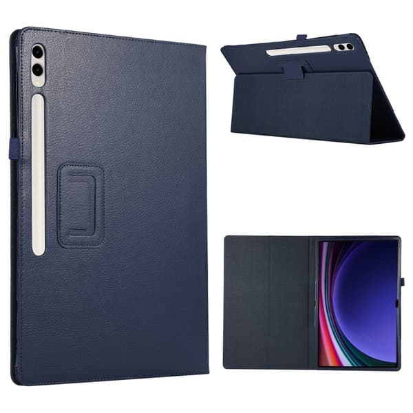 Samsung Galaxy Tab S10 Ultra Case Bi-Fold Stand Leather Tablet Cover Litchi Texture - Dark Blue Blue