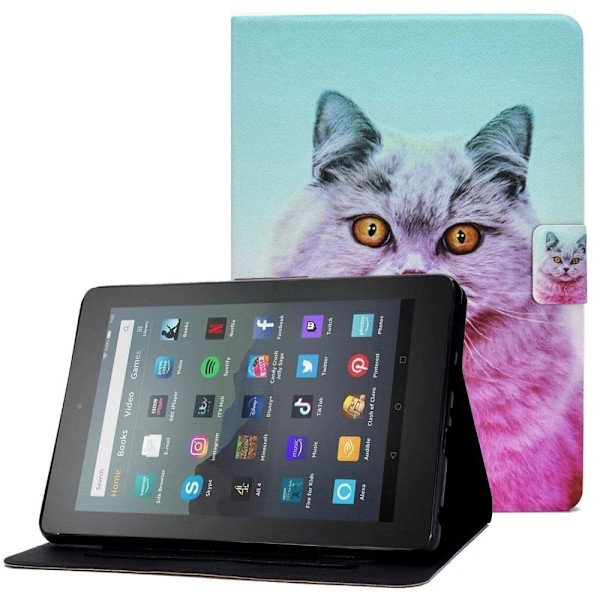 Amazon Fire 7 (2022) viileä kuvio nahkakotelo - Vaaleanpunainen Kissa Multicolor
