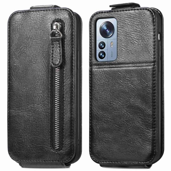 Vertical Flip Phone Etui med Zipper til Xiaomi 12S Pro / 12 Pro - Sort Black