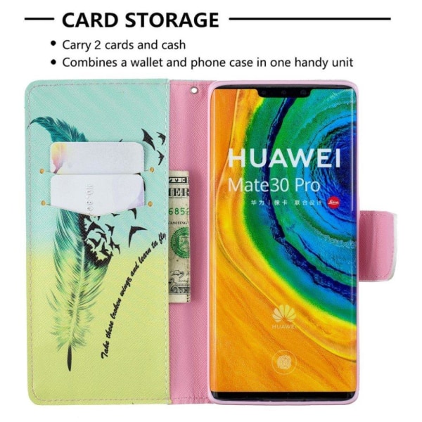 Wonderland Huawei Mate 30 Pro flip etui - Fjer mønster Multicolor