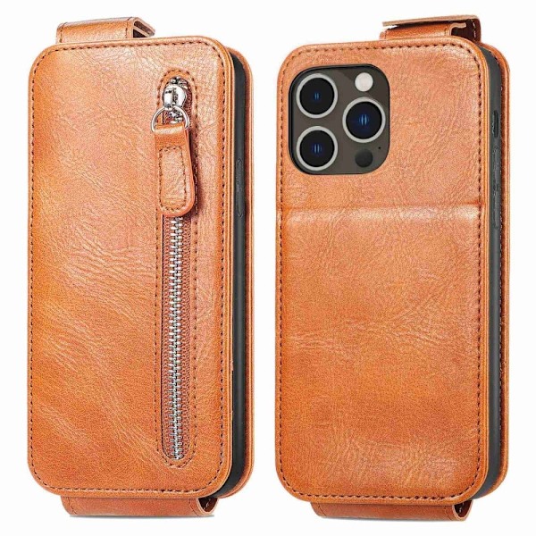 Lodret iPhone 14 Pro flip etui med lynlås - Brun Brown