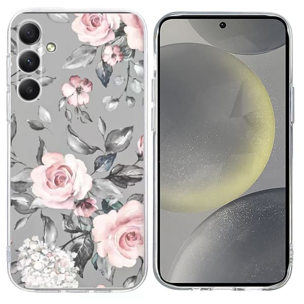 Vibe Samsung Galaxy S24 -kansi - Harmaa Tausta Kukkia Silver grey