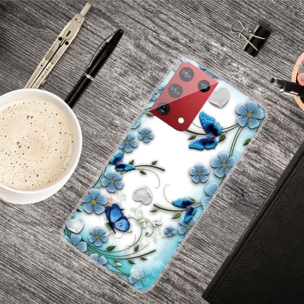 Deco Samsung Galaxy S21 Ultra Etui - Blå Sommerfugl og Blomst Blue