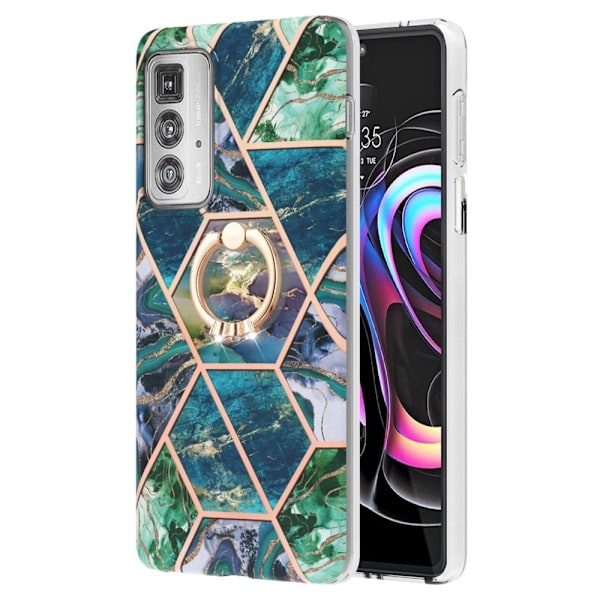 Marble Patterned Suojakuori With Ring Holder For Motorola Edge 20 Pro - Sininen / Vihreä Blue