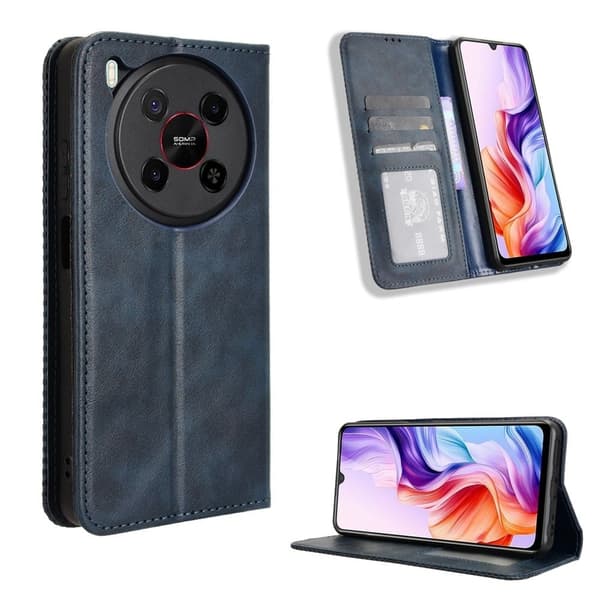 ZTE Blade V70 Max Retro Vegan Läder Fodral Telefon Plånbok Stativ Skydd - Blå Blå