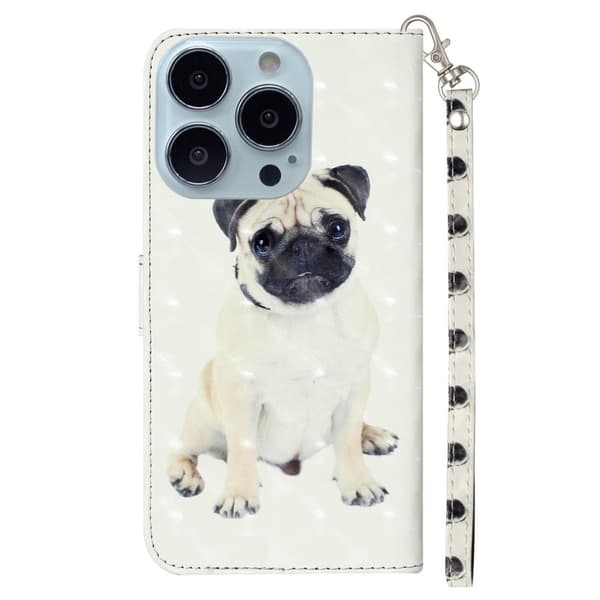 iPhone 16 Pro-fodral Läder 3D-mönster tryckt Telefonskal Stativ Korthållare - Hund Vit