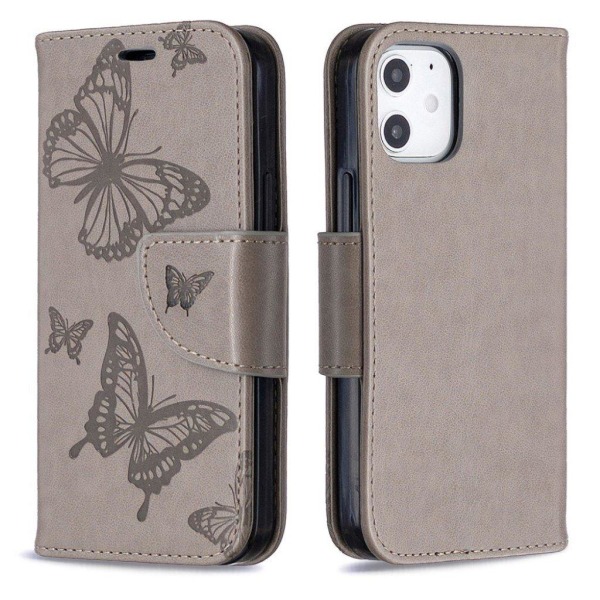 Butterfly iPhone 12 Mini Læderetui - Sølv/Grå Silver grey