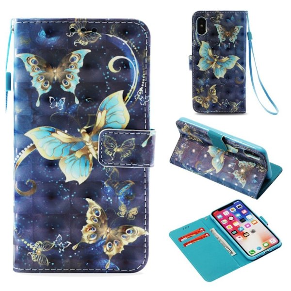 iPhone Xs Max Valotäplä Kuvioitu Synteetti Nahkainen Lompakko Suojakoteo - Kullatut Siniset Perhoset Multicolor